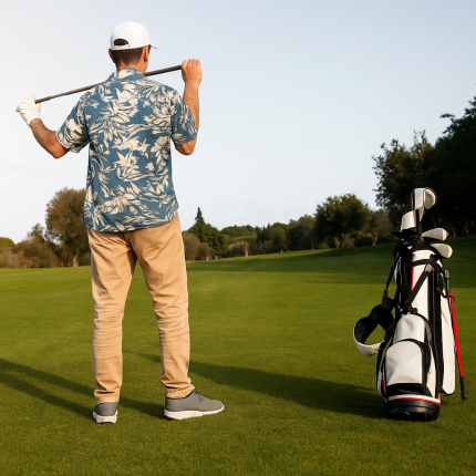 Men’s tropical leaves short-sleeve shirt with , relaxed fit, perfect for summer or beachwear, cruise vacation and golf players.
