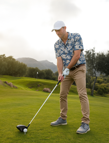 Men’s tropical blue short-sleeve shirt with leaves print, relaxed fit, cruise vacation & golf players.
