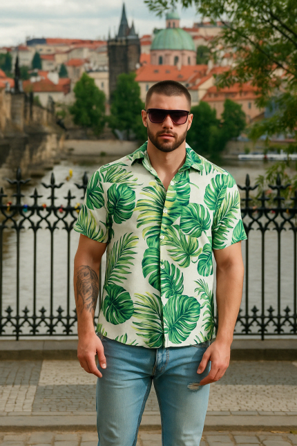 Green tropical short-sleeve button-up shirt