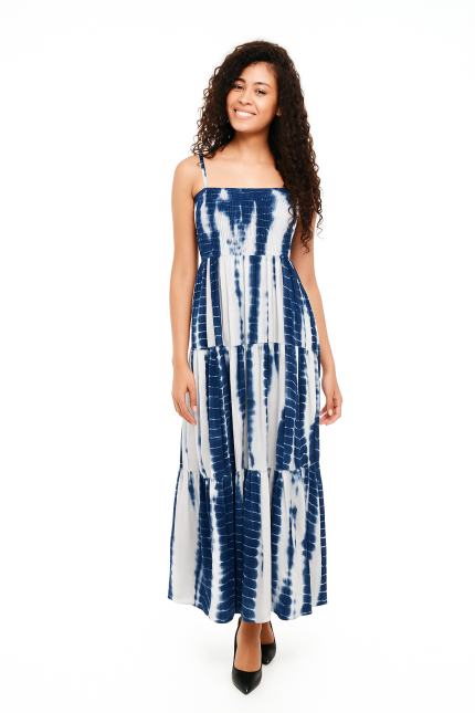 Blue and white tie-dye maxi dress made from 100% plant-based viscose, designed in Bali