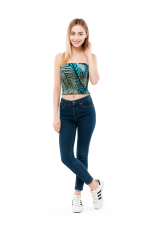 Tropical leaf design in shades of turquoise, teal, green, and hints of beige on a light background, giving it a fresh, summery vibe