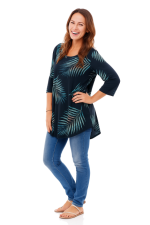 Women’s long navy blouse with pastel palm leaf print, made from 100% plant-based viscose, designed in Bali for breathable comfort.