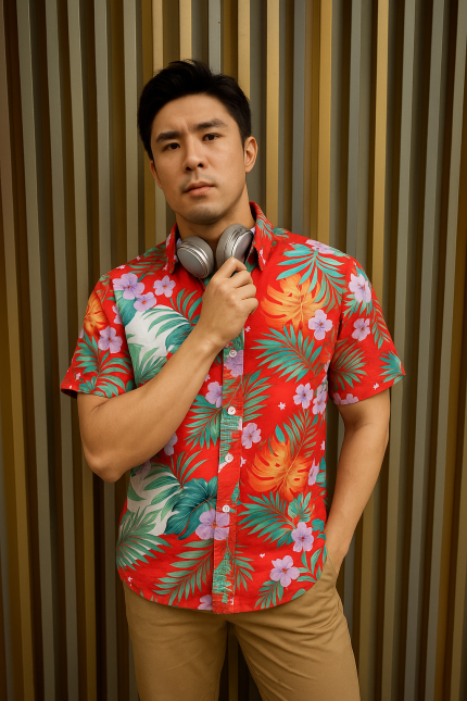 Red Hawaiian shirt with tropical leaf and floral pattern in green, purple, and orange tones