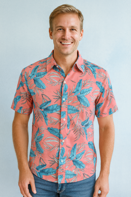 A pink tropical print shirt with blue leaves, paired with blue jeans, standing against a light blue background.