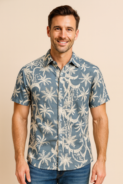 Man wearing a slate-grey palm-print short-sleeve Hawaiian Tropical shirt.